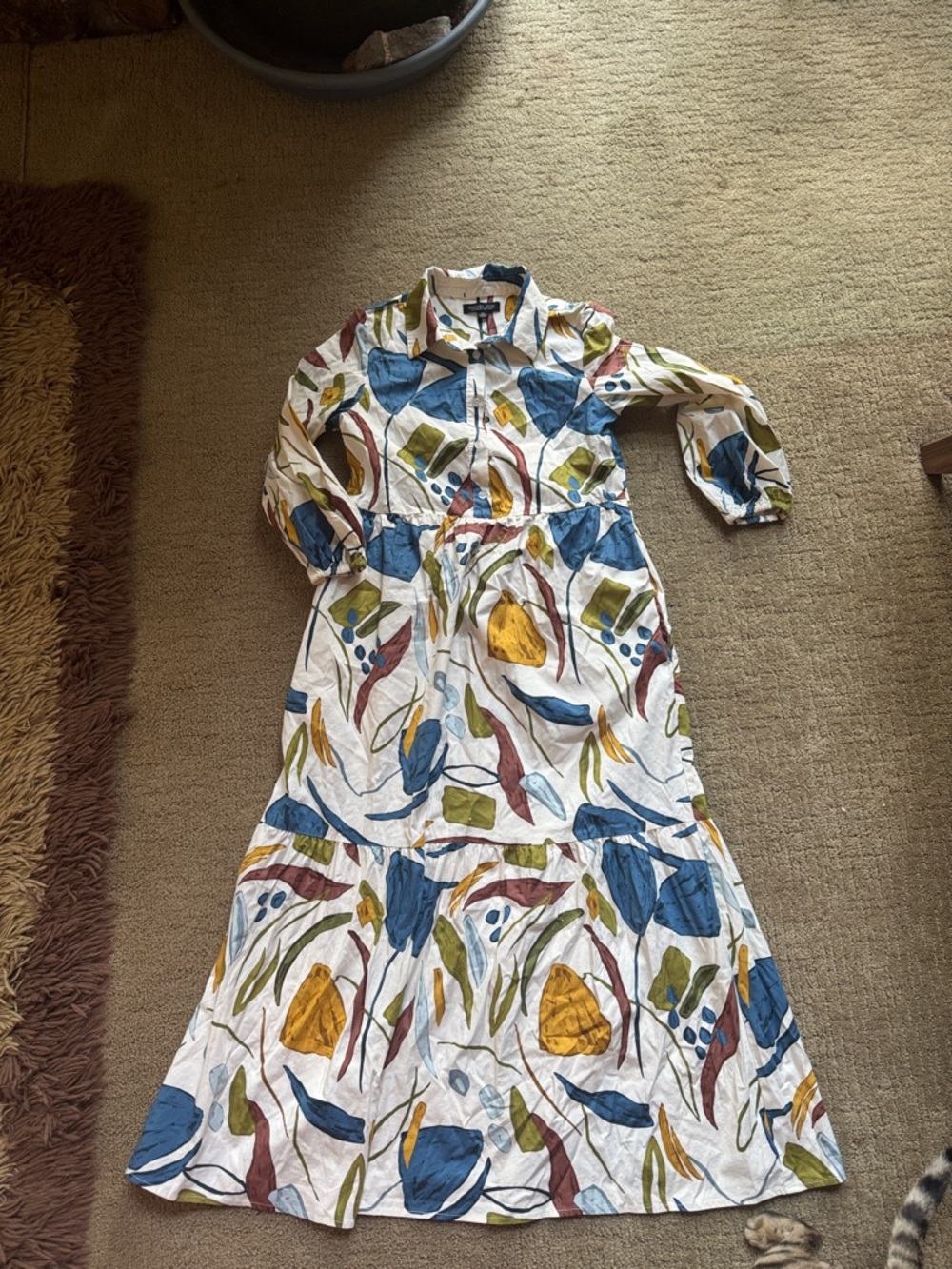 Rachel Zoe White Maxi Dress with Blue, Mustard & Green Abstract Print